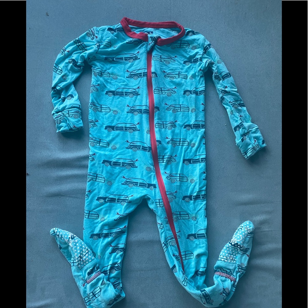 Kickee onesie with woody car. Zipper. 12-18 months. Great condition